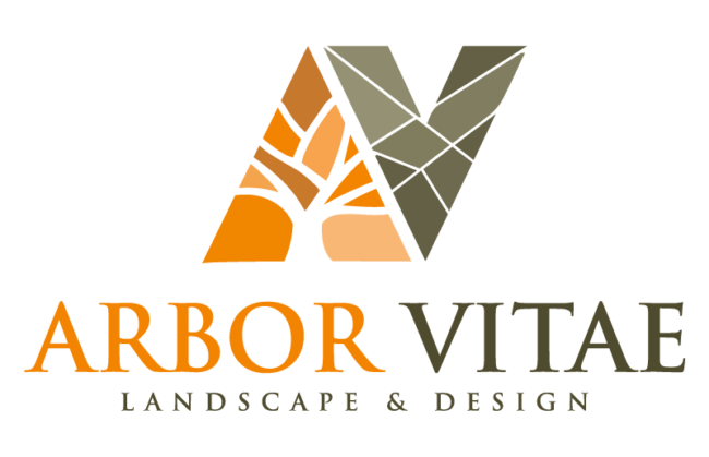 The image features "Arbor Vitae Landscape & Design" logo with an abstract tree and leaf design in orange and green shades.