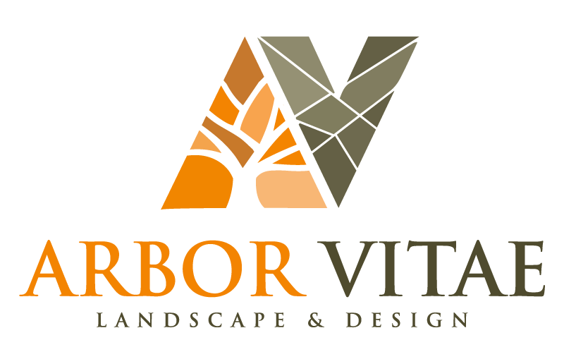 The image features "Arbor Vitae Landscape & Design" logo with an abstract tree and leaf design in orange and green shades.