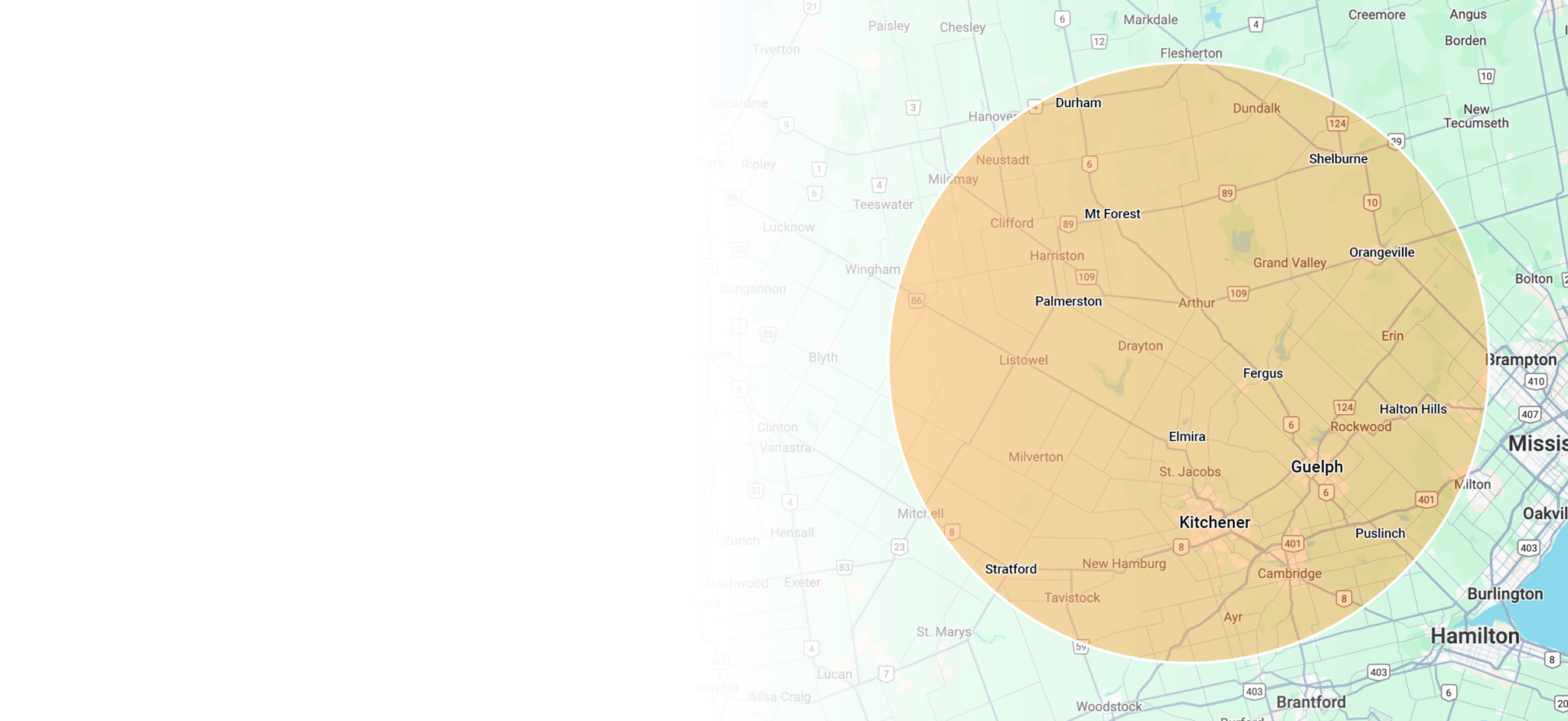 Map showing Ontario region, highlighting cities like Kitchener, Guelph, and Hamilton within a large, transparent circle for referencing a specific area.