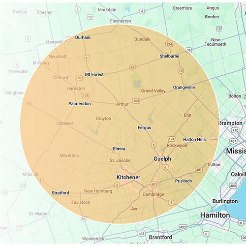 Map highlighting Kitchener, Guelph, and surrounding areas in an orange circle. Includes cities like Hamilton and Stratford, bordered by highways and rural roads.